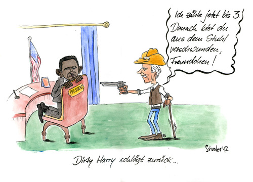 Cartoon: Dirty Harry schlägt zurück (medium) by Mario Schuster tagged karikatur,cartoon,mario,schuster,gera,clint,eastwood,barak,obama,greiz,romney