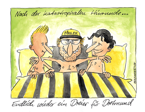Cartoon: Erster Dreier für den BVB (medium) by Mario Schuster tagged bvb,dortmund,klopp,reus,hummels,karikatur,cartoon,schuster,mario
