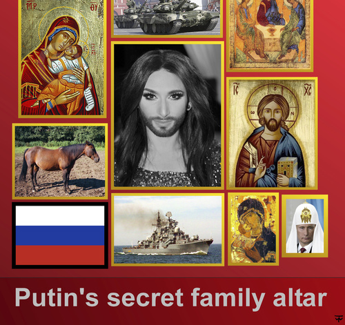 Cartoon: Putins secret family altar (medium) by thalasso tagged russia,putin,conchita,wurst,esc,believe,peace,freedom,gay