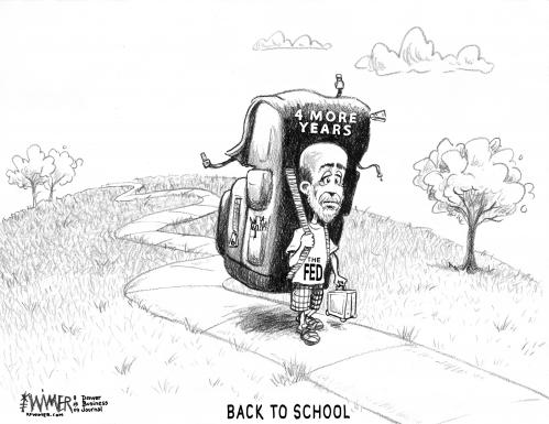 Cartoon: Bernanke Back to School (medium) by karlwimer tagged bernanke,economy,federal,reserve,fed,school,backpack,obama