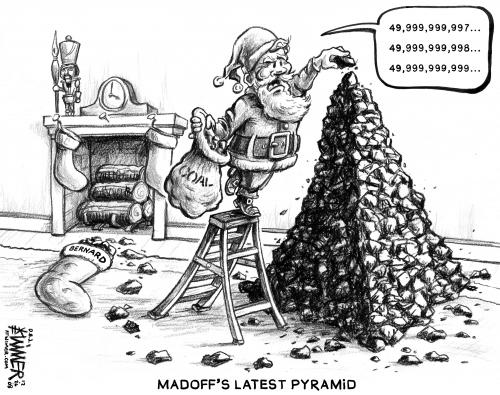 Cartoon: Christmas Coal Pyramid (medium) by karlwimer tagged bernard,madoff,scandal,fraud,wall,street,christmas,santa,coal,stockings