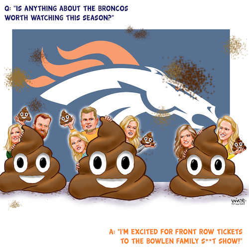 Cartoon: Denver Broncos Ownership Battle (medium) by karlwimer tagged sports,cartoon,denver,broncos,nfl,american,football,bowlen,family,poop,emoji