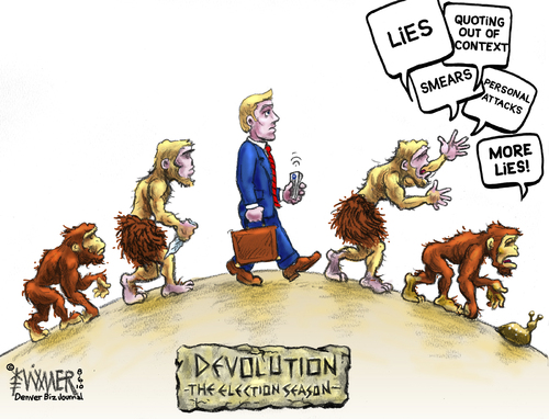 Cartoon: Devolution (medium) by karlwimer tagged evolution,devolution,darwin,poltiics,politician,government,usa,monkey,lies,smears,attacks,election
