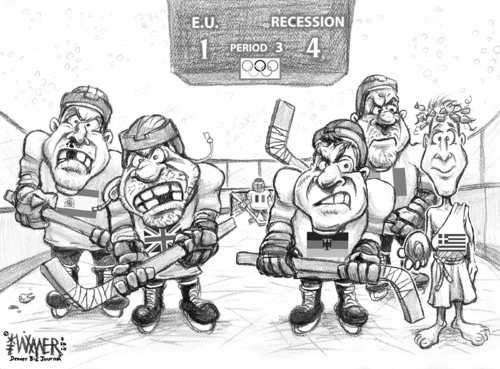 Cartoon: EU team issues (medium) by karlwimer tagged eu,europe,european,union,greece,olympics,hockey,discus,economics,politics