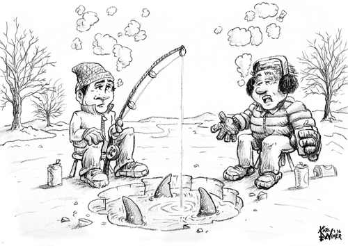 Cartoon: Ice Fishing Cartoon Contest (medium) by karlwimer tagged bowtie,ice,fishing,cold,winter,sharks,fish,anglers