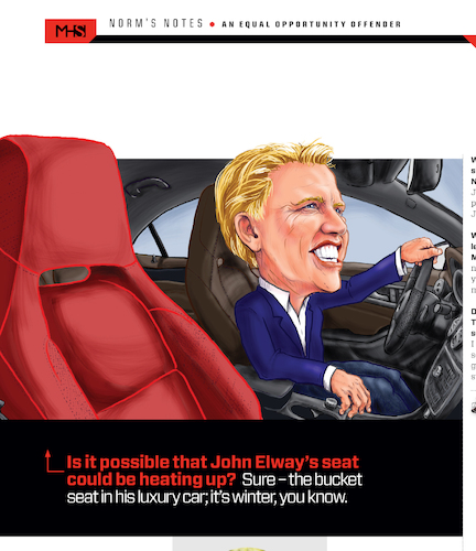 Cartoon: John Elway Not Hot Seat (medium) by karlwimer tagged denver,broncos,american,football,nfl,john,elway,sports,management