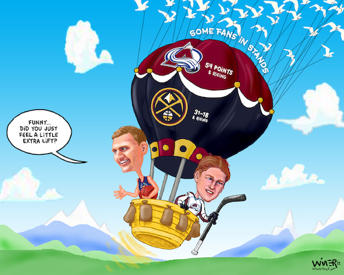 Cartoon: Lift for Nuggets and Avalanche (medium) by karlwimer tagged sports,united,states,ice,hockey,basketball,nuggets,avalanche,jokic,mackinnon,balloon,birds,standings,fan,attendance,covid,karl,wimer