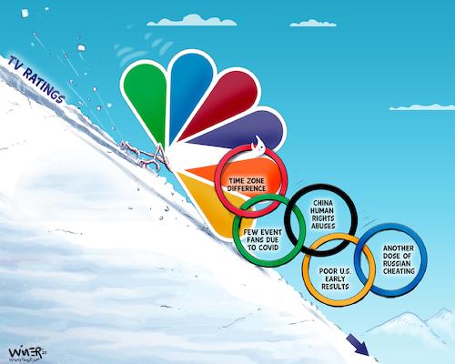 Cartoon: NBC Peacock Downhill Slide (medium) by karlwimer tagged winter,olympics,sports,cartoon,illustration,nbc,peacock,china,russia,cheating,scandal,tv,ratings,karl,wimer