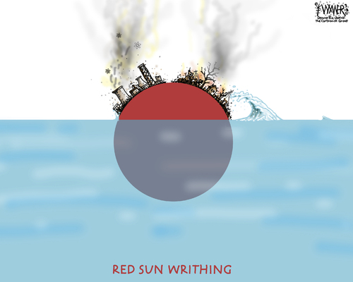 Cartoon: Red Sun Writhing (medium) by karlwimer tagged nuclear,flag,sun,red,japan,destruction,tragedy,disaster,tsunami,sadness
