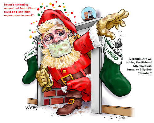 Cartoon: Santa Superspreader Broncos Coal (medium) by karlwimer tagged santa,claus,covid,superspreader,coronavirus,christmas,denver,broncos,fangio,elway,coal,stockings,holiday,sports,football,american