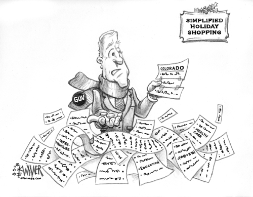 Cartoon: Simplified Holiday Shopping (medium) by karlwimer tagged governor,ritter,colorado,budget,christmas,holidays,wishlist