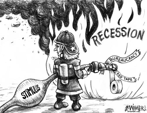 Cartoon: Stimulus Stoppage (medium) by karlwimer tagged uncle,sam,economy,recession,global,stimulus,fireman,firehose,red,tape,bureaucracy
