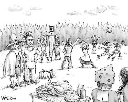 Cartoon: Thanksgiving Alternative Sport (medium) by karlwimer tagged thanksgiving,football,sport,pilgrims,indians