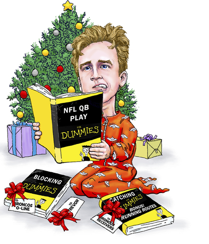 Cartoon: Trevor Siemian Christmas (medium) by karlwimer tagged broncos,denver,football,american,siemian,quarterback,sports,christmas,presents