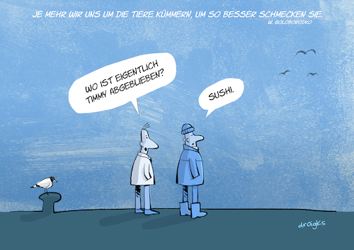 Cartoon: Sushi (medium) by droigks tagged nigiri,maki,sashimi,wasabi,sojasauce,ingwer,reis,nori,fisch,japan,droigks,buckelwal,timmy,ostsee,strandung,rettungsaktion,nordsee,transport,medienereignis,wismar,poel,schicksal,nigiri,maki,sashimi,wasabi,sojasauce,ingwer,reis,nori,fisch,japan,droigks,buckelwal,timmy,ostsee,strandung,rettungsaktion,nordsee,transport,medienereignis,wismar,poel,schicksal