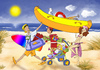 Cartoon: Familienurlaub (small) by droigks tagged sonne,sand,wind,meer,strand,familie,boot,surfbrett,vater,mutter,kind,hund,droigk,droigks