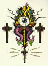 Cartoon: The Key (small) by Breidholt tagged cross,rock,metal,eye,tattoo,flames,fire,tentacles,horror