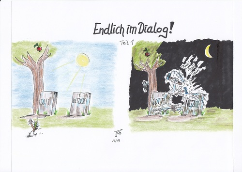 Cartoon: Gott vs. Nietzsche (medium) by Tom13thecat tagged friedhof,gott,nietzsche