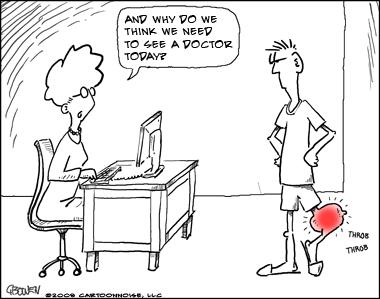 Cartoon: Doctors office...  grrrr (medium) by GBowen tagged doctor,hurt,gbowen,nurse,injury,pain,knee,mad,angry