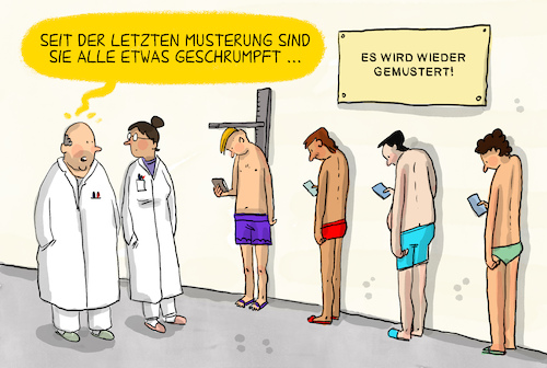 Cartoon: Es wird wieder gemustert (medium) by leopold maurer tagged deutschland,bundeswehr,reform,einigung,wehrdienst,neu,cdu,csu,spd,musterung,freiwilligkeit,zufallsprinzip,männer,frauen,verbindlichkeit,handy,smartphone,haltung,kosnsum,jugend,leopold,maurer,karikatur,cartoon,deutschland,bundeswehr,reform,einigung,wehrdienst,neu,cdu,csu,spd,musterung,freiwilligkeit,zufallsprinzip,männer,frauen,verbindlichkeit,handy,smartphone,haltung,kosnsum,jugend,leopold,maurer,karikatur,cartoon