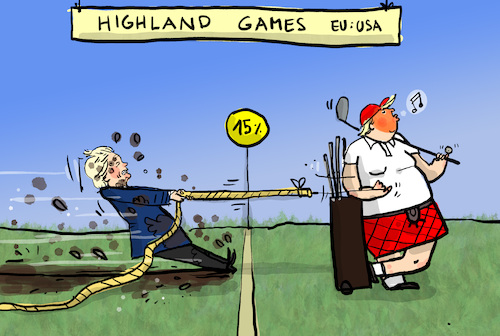 Cartoon: EU USA Zoll Deal (medium) by leopold maurer tagged zoll,usa,trump,eu,von,der,leyen,schottland,deal,zoelle,verhandlung,leopold,maurer,karikatur,cartoon,zoll,usa,trump,eu,von,der,leyen,schottland,deal,zoelle,verhandlung,leopold,maurer,karikatur,cartoon