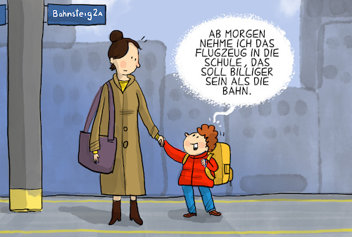 Cartoon: Fliegen billiger als Bahnfahren (medium) by leopold maurer tagged fliegen,bahn,billig,teurer,europa,studie,klima,pendler,regional,verkehr,zug,auto,flugzeug,schulweg,arbeitsweg,leopold,maurer,karikatur,cartoon,fliegen,bahn,billig,teurer,europa,studie,klima,pendler,regional,verkehr,zug,auto,flugzeug,schulweg,arbeitsweg,leopold,maurer,karikatur,cartoon