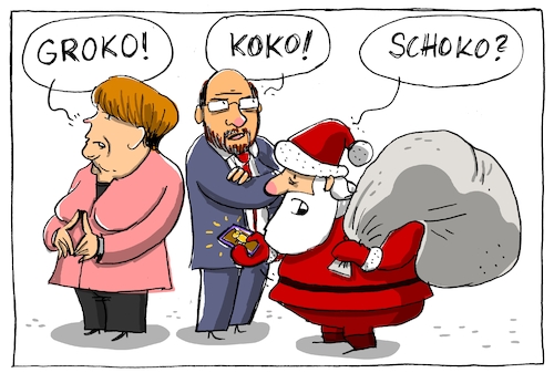 Cartoon: groko dada (medium) by leopold maurer tagged groko,koko,koalition,merkel,schulz,csu,cdu,spd,regierung,kooperation,schoko,weihnachtsmann,dada,neuwahlen,groko,koko,koalition,merkel,schulz,csu,cdu,spd,regierung,kooperation,schoko,weihnachtsmann,dada,neuwahlen