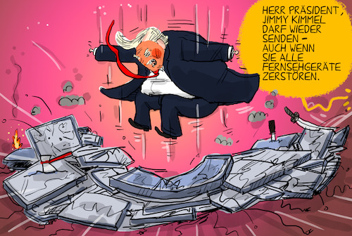 Cartoon: Jimmy Kimmel sendet wieder (medium) by leopold maurer tagged kimmel,disney,proteste,republikaner,trump,weisses,haus,einschüchterung,meinungsfreiheit,pressefreiheit,leopold,maurer,karikatur,cartoon,kimmel,disney,proteste,republikaner,trump,weisses,haus,einschüchterung,meinungsfreiheit,pressefreiheit,leopold,maurer,karikatur,cartoon