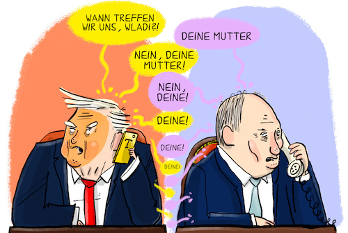 Cartoon: Kein Treffen Trump Putin (medium) by leopold maurer tagged putin,trump,ukraine,krieg,verhandlung,waffenstillstand,frieden,budapest,absage,usa,russland,telefonat,deine,mutter,leopold,maurer,cartoon,karikatur,putin,trump,ukraine,krieg,verhandlung,waffenstillstand,frieden,budapest,absage,usa,russland,telefonat,deine,mutter,leopold,maurer,cartoon,karikatur