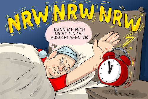 Cartoon: NRW-Schlappe für SPD (medium) by leopold maurer tagged nrw,wahl,cdu,gewinn,verlust,stimmen,grüne,fdp,spf,kanzler,bonus,olaf,scholz,schlaf,verschlafen,wecker,weckruf,alarm,ampel,macht,leopold,maurer,karikatur,cartoon,nrw,wahl,cdu,gewinn,verlust,stimmen,grüne,fdp,spf,kanzler,bonus,olaf,scholz,schlaf,verschlafen,wecker,weckruf,alarm,ampel,macht,leopold,maurer,karikatur,cartoon