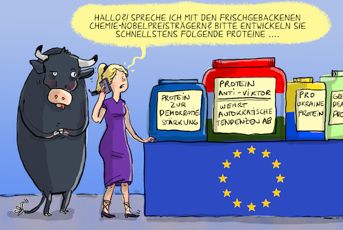 Cartoon: Proteine für die EU (medium) by leopold maurer tagged eu,nobelpreis,chemie,entwicklung,protein,demokratie,autokratie,orban,ungarn,komission,ukraine,hilfe,putin,krieg,sanktionen,migration,asyl,ratsvorsitz,leopold,maurer,karikatur,cartoon,eu,nobelpreis,chemie,entwicklung,protein,demokratie,autokratie,orban,ungarn,komission,ukraine,hilfe,putin,krieg,sanktionen,migration,asyl,ratsvorsitz,leopold,maurer,karikatur,cartoon