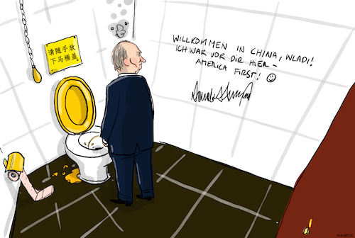 Cartoon: Putin in China (medium) by leopold maurer tagged putin,xi,china,besuch,staatsbesuch,donald,trump,klo,graffiti,klinke,in,hand,ukraine,krieg,leopold,maurer,karikatur,cartoon,putin,xi,china,besuch,staatsbesuch,donald,trump,klo,graffiti,klinke,in,hand,ukraine,krieg,leopold,maurer,karikatur,cartoon