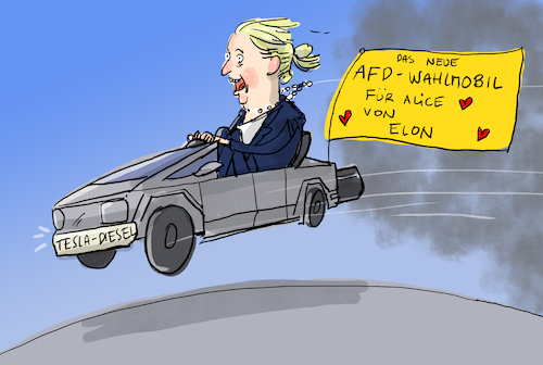 Cartoon: Weidel und Musk (medium) by leopold maurer tagged alice,weidel,elon,musk,gespraech,afd,elektromobilitaet,verbrenner,wahlkampf,unterstuetzung,tesla,diesel,benzin,rechtsextrem,auto,twitter,leopold,maurer,cartoon,karikatur,alice,weidel,elon,musk,gespraech,afd,elektromobilitaet,verbrenner,wahlkampf,unterstuetzung,tesla,diesel,benzin,rechtsextrem,auto,twitter,leopold,maurer,cartoon,karikatur