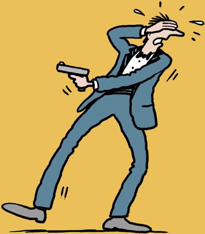 Cartoon: Gun shy (medium) by Ellis Nadler tagged gun,man,fear,sweat,bang,weapon,shoot,noise,dj,black,tie,suit,agent,spy,007