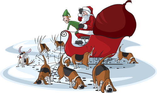 Cartoon: Santas Beagles (medium) by toonerman tagged santa,christmas,sled,cartoon,elf,reindeer,beagles,dogs,sniffing,hounds,tracking,snow,bag,toys,eve,holiday,clause