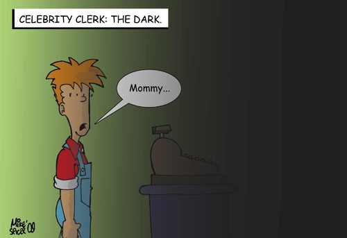 Cartoon: Celebrity Clerk The Dark (medium) by Mike Spicer tagged mike,spicer,cartoonist,comic,parody,satire,humour,humor,celebrity,clerk,dark,darkness