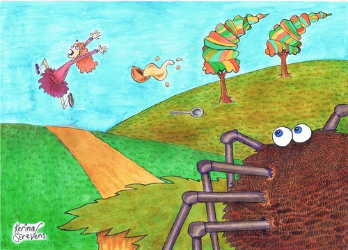 Cartoon: Along Came a Spider (medium) by Kerina Strevens tagged humour,children,rhyme,nursery,phobia,fear,run,legs,eight,arachnid,spider