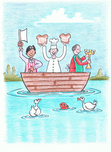 Cartoon: Three Men In A Boat (medium) by Kerina Strevens tagged maker,candlestick,baker,butcher,boat,men,colour