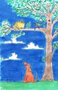 Cartoon: Sweet revenge! (small) by Kerina Strevens tagged cat,dog,bird,tree,revenge,friends,enemies,nature