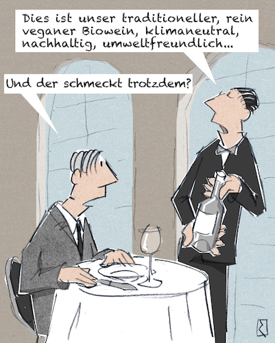 Cartoon: Biowein (medium) by Jan Rieckhoff tagged wein,bio,biowein,anbau,rebe,sorte,traube,herkunft,zertifikat,biodynamisch,handlese,vegan,vegetarisch,traditionell,rein,klimaneutral,nachhaltig,umweltfreundlich,umwelt,pestizid,fair,sozial,verträglich,gewissen,fußabdruck,restaurant,ober,kellner,weinkellner,bedienung,sommeller,connaisseur,beratung,weinkenner,spitzenwein,önologie,weinkunde,gast,geschmack,witz,cartoon,comic,karikatur,humor,satire,lachen,jan,rieckhoff,wein,bio,biowein,anbau,rebe,sorte,traube,herkunft,zertifikat,biodynamisch,handlese,vegan,vegetarisch,traditionell,rein,klimaneutral,nachhaltig,umweltfreundlich,umwelt,pestizid,fair,sozial,verträglich,gewissen,fußabdruck,restaurant,ober,kellner,weinkellner,bedienung,sommeller,connaisseur,beratung,weinkenner,spitzenwein,önologie,weinkunde,gast,geschmack,witz,cartoon,comic,karikatur,humor,satire,lachen,jan,rieckhoff