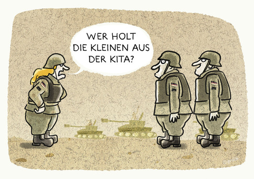 Cartoon: ... (medium) by markus-grolik tagged kita,bundeswehr,familie,von,der,leyen,kriegsfall,konflikt,cartoon,grolik