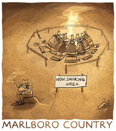 Cartoon: Am raucherfreien Lagerfeuer. (medium) by markus-grolik tagged amerika,canyon,meanner,harte,westen,wilder,klischee,idylle,lagerfeuer,cowboy,rauchverbot,raucherfreie,rauchfrei