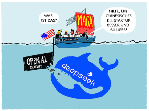 Cartoon: Deepseek schockt Börse... (medium) by markus-grolik tagged deepseek,openai,chatgpt,silikonvalleymaga,trump,bezos,musk,zuckerberg,meta,maga,deepseek,openai,chatgpt,silikonvalleymaga,trump,bezos,musk,zuckerberg,meta,maga