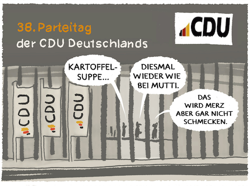 Cartoon: CDU-Parteitag mit Merkel... (medium) by markus-grolik tagged cdu,parteitag,merkel,merz,deutschland,kanzler,exkanzlerin,kartoffelsuppe,cdu,parteitag,merkel,merz,deutschland,kanzler,exkanzlerin,kartoffelsuppe