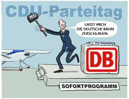 Cartoon: CDU will Bahn zerschlagen... (medium) by markus-grolik tagged cdu,merz,sofortprogramm,parteitag,wahlkampf,infrastruktur,anzelkandidat,wissing,bahnzerschlagung,verkehr,bahnkonzern,cdu,merz,sofortprogramm,parteitag,wahlkampf,kanzelkandidat,wissing,bahnzerschlagung,verkehr,bahnkonzern