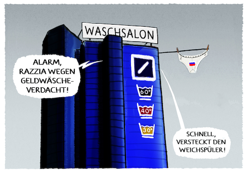 Cartoon: Deutsche Bank... (medium) by markus-grolik tagged frankfurt,deutsche,bank,geldwäsche,oligarchen,russland,sanktionen,weischspüler,frankfurt,deutsche,bank,geldwäsche,oligarchen,russland,sanktionen,weischspüler