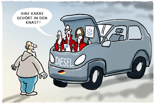 Cartoon: Dieselurteil (medium) by markus-grolik tagged eugh,dieselurteil,diesel,luftverschmutzung,auto,autoindustrie,deutschland,eugh,dieselurteil,diesel,luftverschmutzung,auto,autoindustrie,deutschland