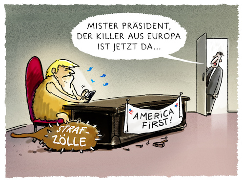 Cartoon: Donald meets Jean-Claude (medium) by markus-grolik tagged trump,donald,europa,eu,strafzölle,jean,claude,juncker,amerika,first,usa,us,handelskrieg,zölle,brüssel,welthandel,trump,donald,europa,eu,strafzölle,jean,claude,juncker,amerika,first,usa,us,handelskrieg,zölle,brüssel,welthandel