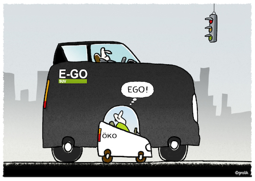 Cartoon: E-SUV-Wahn... (medium) by markus-grolik tagged suv,auto,hybrid,klima,kleinwagen,luftverschmutzung,geländewagen,ego,öko,suv,auto,hybrid,klima,kleinwagen,luftverschmutzung,geländewagen,ego,öko