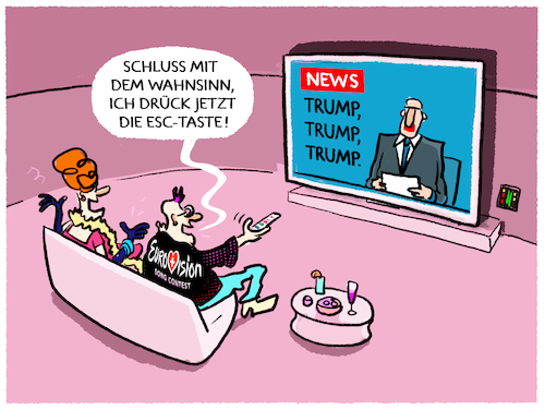 Cartoon: Eskapismus... (medium) by markus-grolik tagged escape,esc,eurovision,song,contest,europa,schlager,nachrichten,medien,diversitaet,magatrump,putin,krieg,wahlen,escape,esc,eurovision,song,contest,europa,schlager,nachrichten,medien,diversitaet,magatrump,putin,krieg,wahlen